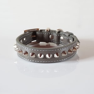 Luxury Dog Collar in Smoky Grey Vegetan Leather and Cone Studs