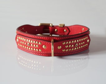 Luxury Dog Collar in Red Vegetan Leather and Solid Brass Hardware, Gold rivets and Crystals