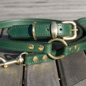 Matching Dog Set - Luxury Dog Collar & Dog Lead in Green Naturally Tanned Leather and Solid Brass Hardware.