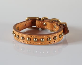 Luxury Dog Collar in High Quality Tan Vegetan Leather and Dome Rivets.