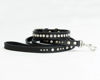 Luxury Matching Dog Set: Collar and Lead in Black Vegetan Leather with Swarovski Crystals & Studs