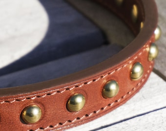 Handmade Brown Leather Dog Collar: Brass Rivets, Vegetan Leather
