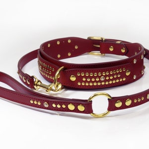 Set coordinato: collare e guinzaglio di lusso per cani in pelle conciata al naturale rossa, finiture in ottone massiccio, cristalli e nappe staccabili