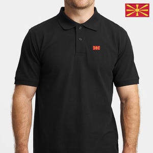 Ekologisk bomull med broderad flagga från Nordmakedonien, pikétröja med makedonsk flagga, fotbolls-pikétröja, storlek S - 5XL