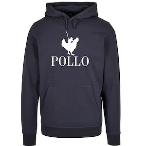 May include: A dark blue hooded sweatshirt with a white logo of a rooster riding a polo player and the word "POLLO" underneath.