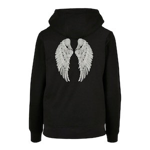 May include: Black hooded sweatshirt with a silver-coloured wing design on the back. The wings are detailed, with each feather visible. The sweatshirt has a classic fit with a hood and long sleeves, suitable for casual wear.