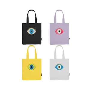 Organic Cotton Evil Eye Tote Bag, Evil Eye Sequin Bag, Evil Eye Organic Shoulder Bag, Bag Gift afbeelding 1