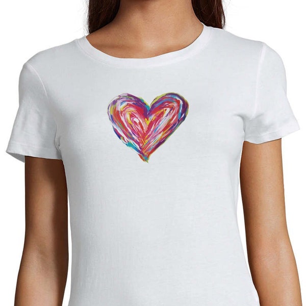 Organic Cotton Heart Aquarel T-shirt, Heart Shirt, Gift Shirt, Gift For Her, Size XS - 3XL