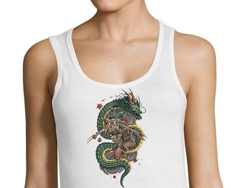 Organic Cotton Dragon Samurai Tank Top, Japan Top, Japanese Tank Top, Size XS - XXL