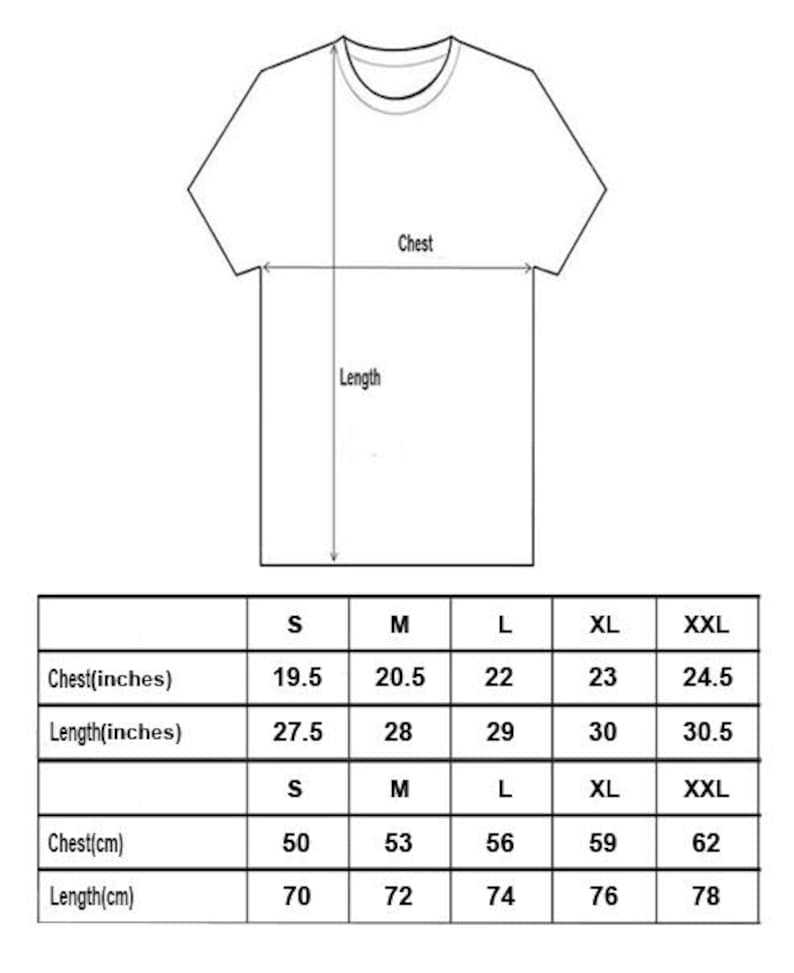 Op de afbeelding: Een wit T-shirt met een ronde hals, met een diagram dat borst- en lengtematen toont. Een maattabel toont borst- en lengtematen in inches en centimeters voor maten S tot XXL. Borstmetingen vari&euml;ren van 50 cm tot 62 cm.