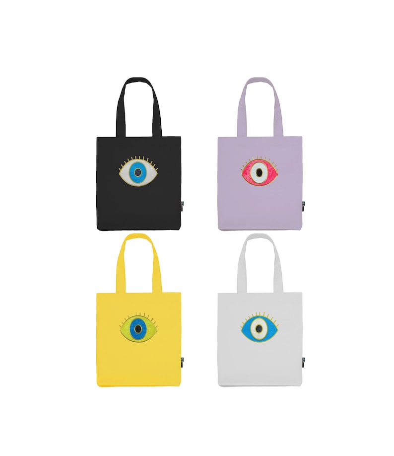 Organic Cotton Evil Eye Tote Bag, Evil Eye Sequin Bag, Evil Eye Organic Shoulder Bag, Bag Gift afbeelding 1