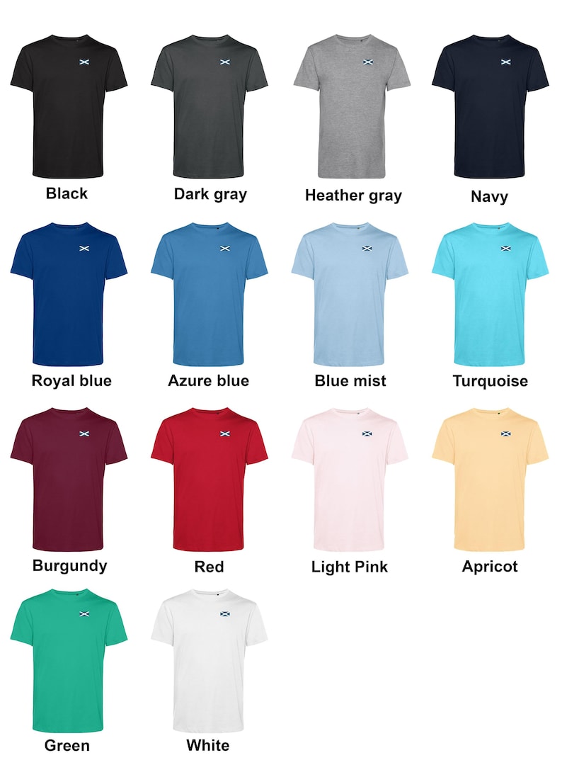 Op de afbeelding: Een collectie t-shirts met korte mouwen in diverse kleuren, waaronder zwart, grijs, blauw, rood en roze. Elk shirt heeft een klein geborduurd ontwerp op de borst. De beschikbare kleuren staan eronder.