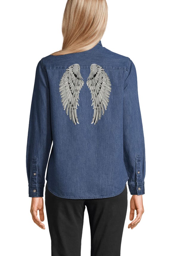Angel Wings Womens Denim Shirt, Sequin Wings Denim Shirt, Birthday Gift