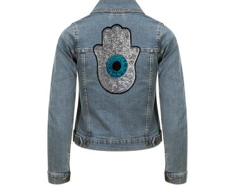 Chaqueta de mezclilla Evil Eye Hamsa, chaqueta de mezclilla con lentejuelas Evil Eye, chaqueta de mezclilla Evil Eye Hand