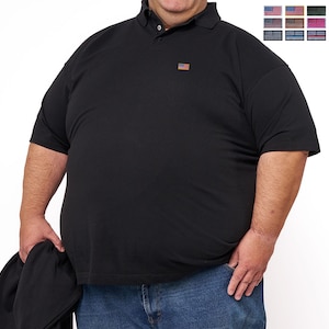 May include: A black short-sleeved polo shirt featuring a small American flag patch on the left chest. The shirt has a collar with a button placket. A grid of nine different flag patch color variations is displayed in the upper right corner.