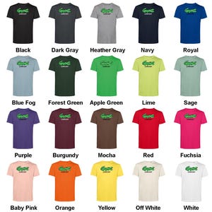 May include: A collection of short-sleeved t-shirts in various colors, each featuring a green crocodile logo and the word "LOWCOST". Colors include black, dark gray, heather gray, navy, royal blue, blue fog, forest green, apple green, lime, sage, purple, burgundy, mocha, red, fuchsia, baby pink, orange, yellow, off white, and white.