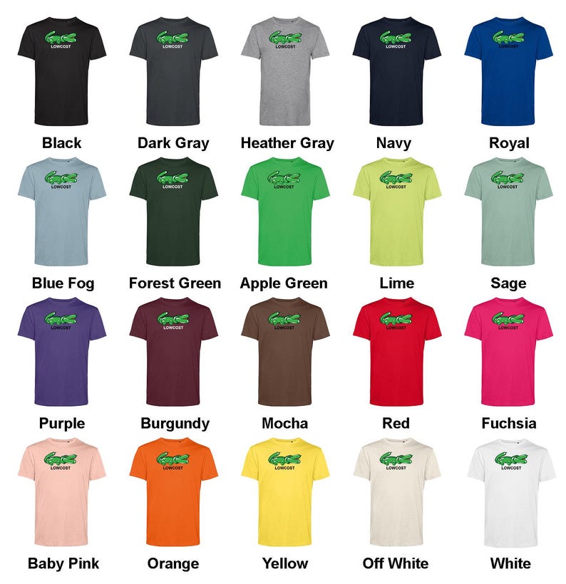 May include: A collection of short-sleeved t-shirts in various colors, each featuring a green crocodile logo and the word "LOWCOST". Colors include black, dark gray, heather gray, navy, royal blue, blue fog, forest green, apple green, lime, sage, purple, burgundy, mocha, red, fuchsia, baby pink, orange, yellow, off white, and white.