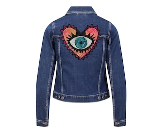 Evil Eye Heart Denim Jacket, Sequins Evil Eye Denim Jacket