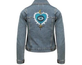 Evil Eye Heart Denim Jacket, Evil Eye Sequin Denim Jacket, Evil Eye Jacket