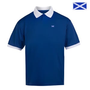 May include: A royal blue short-sleeved polo shirt featuring a white collar and white sleeve cuffs. The shirt has a small embroidered Scottish flag on the left chest, matching the larger Scottish flag icon displayed in the top right corner.