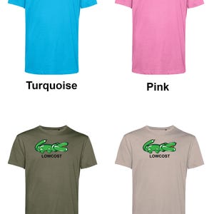 May include: Four short-sleeved t-shirts in turquoise, pink, khaki, and beige. Each shirt features a green crocodile graphic with the word "LOWCOST" below it. The shirts are displayed against a white background.