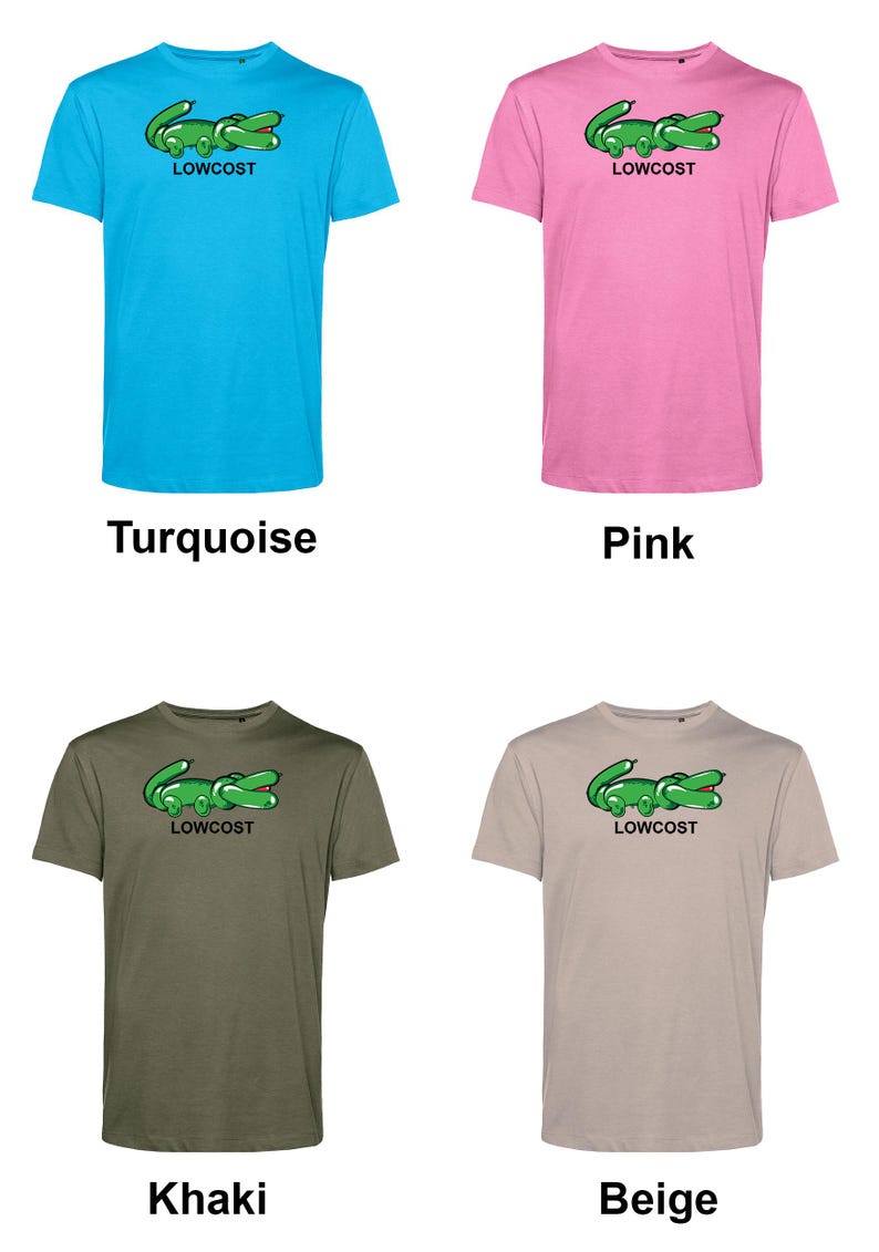 May include: Four short-sleeved t-shirts in turquoise, pink, khaki, and beige. Each shirt features a green crocodile graphic with the word "LOWCOST" below it. The shirts are displayed against a white background.