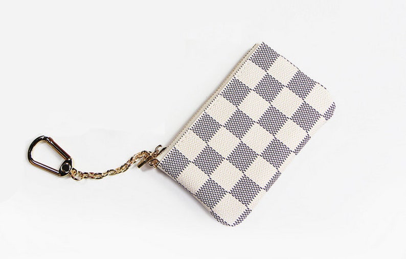 Checkered Genuine Leather Coin Purse Pouch Wallet Keychain Etsy