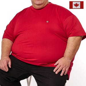 Op de afbeelding: Een effen rood T-shirt met korte mouwen en een klein, vierkant embleem van de Canadese vlag op de linkerborst. Het shirt heeft een ronde hals en een eenvoudig ontwerp. Een grotere rechthoekige Canadese vlag staat in de rechterbovenhoek.
