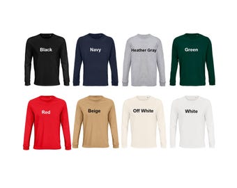 May include: A collection of long-sleeve shirts in various colors, including black, navy, heather gray, green, red, beige, off-white, and white. Each shirt has the color name printed on it.