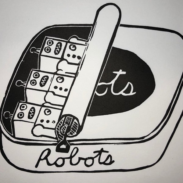 Robots in a Tin Linocut Print