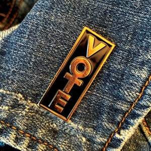 May include: A gold-colored pin with the word "VOTE" and a female symbol on a black background. The pin is on a blue denim jacket.