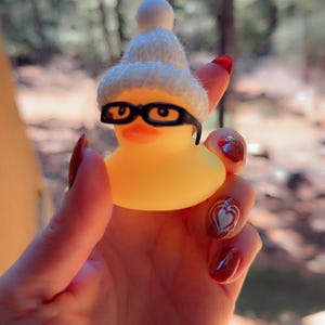 May include: A yellow rubber duck wearing black glasses and a white knitted hat with a pom-pom. The duck is a novelty item, possibly a bath toy or decorative piece. The background is blurred, suggesting an outdoor setting.