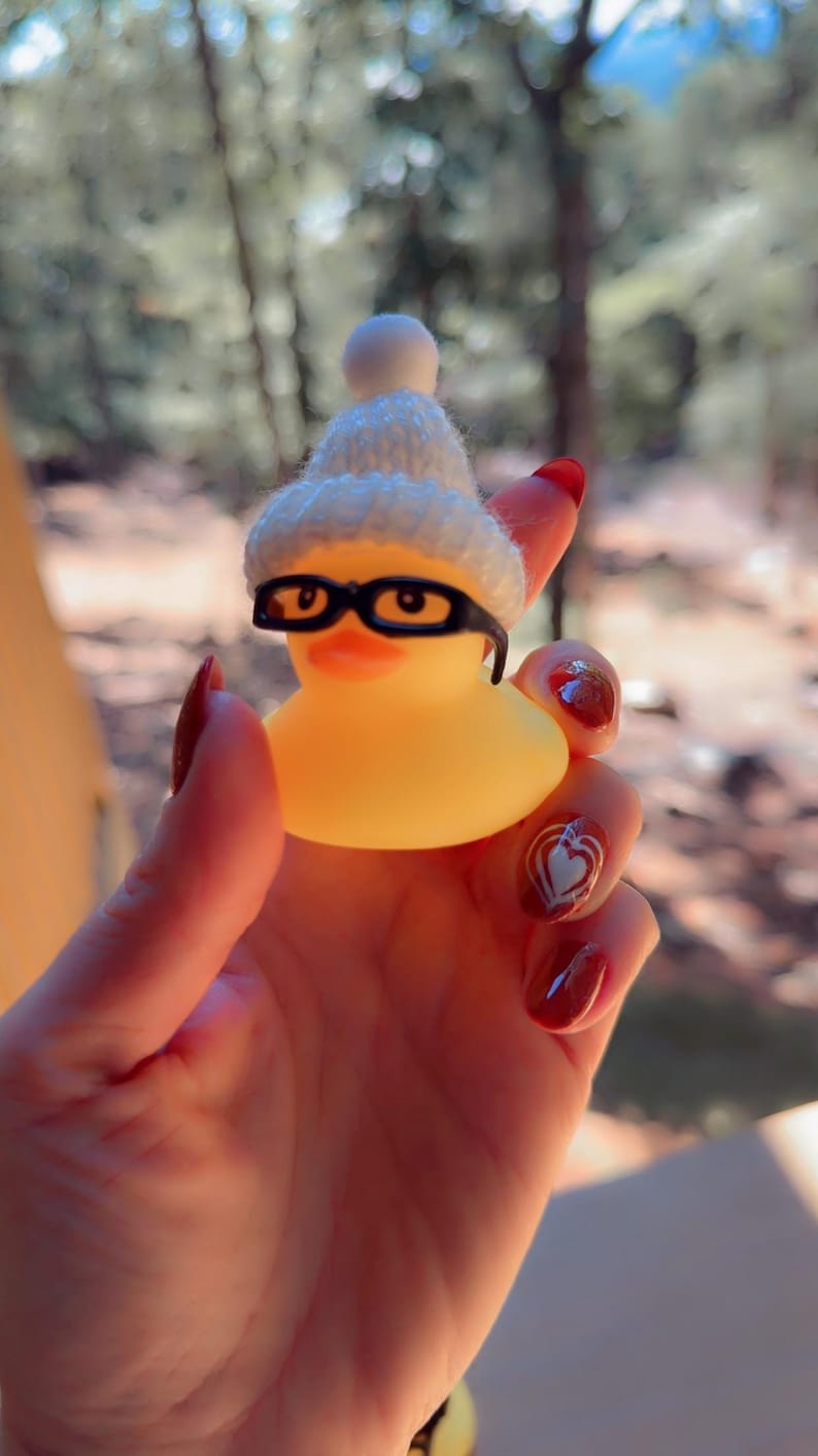 May include: A yellow rubber duck wearing black glasses and a white knitted hat with a pom-pom. The duck is a novelty item, possibly a bath toy or decorative piece. The background is blurred, suggesting an outdoor setting.