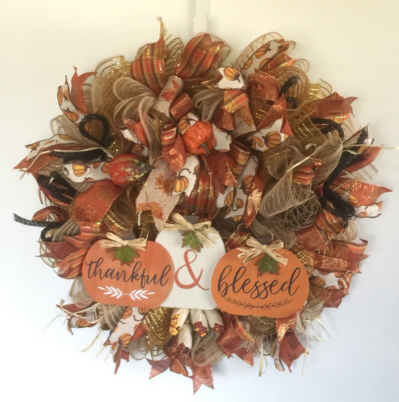 Thankful and Blessed Harvest Fall Deco Mesh Wreath Fall Front Door Wreaths Fall Decor Autumn Door Wreath