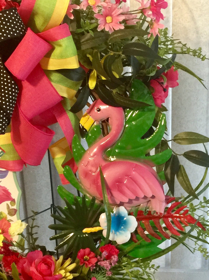 Summer Floral Welcome Wreath Grapevine Flamingo Decor, Front Door Wreath Flamingo Wreath Grapevine Wreath