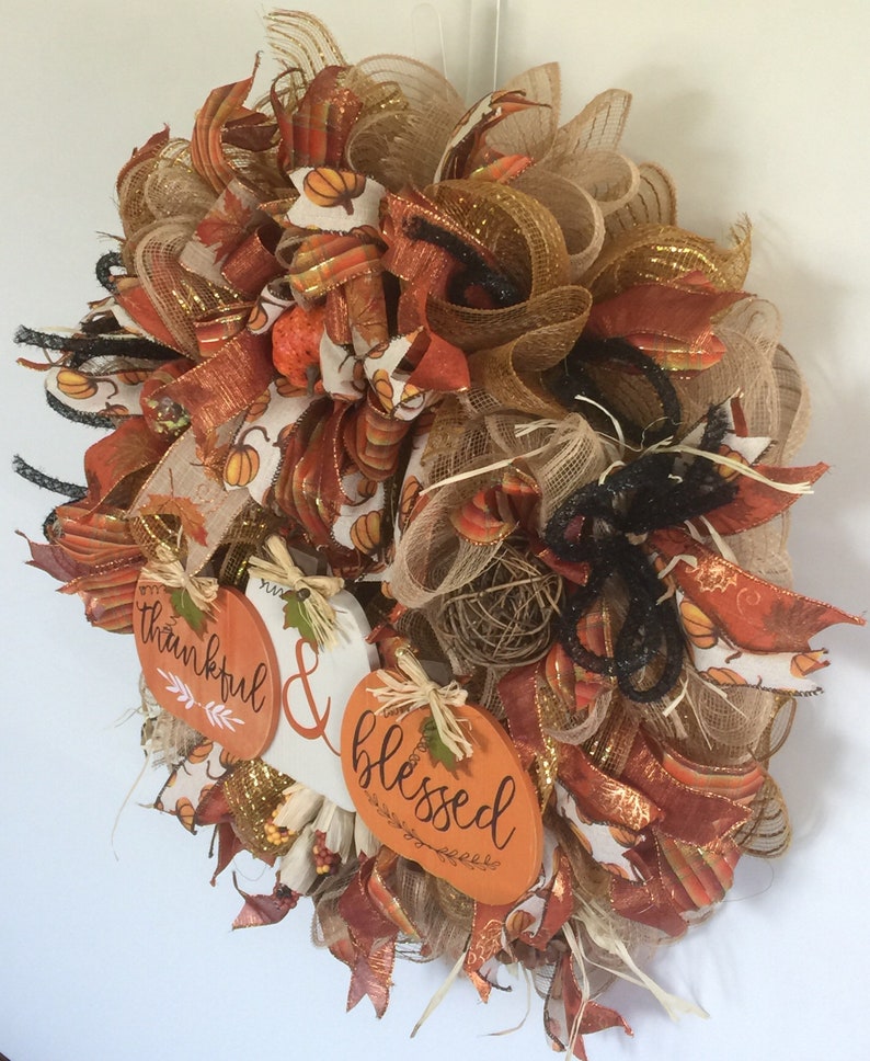 Thankful and Blessed Harvest Fall Deco Mesh Wreath Fall Front Door Wreaths Fall Decor Autumn Door Wreath