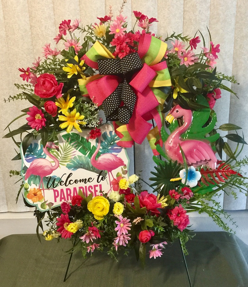 Summer Floral Welcome Wreath Grapevine Flamingo Decor, Front Door Wreath Flamingo Wreath Grapevine Wreath