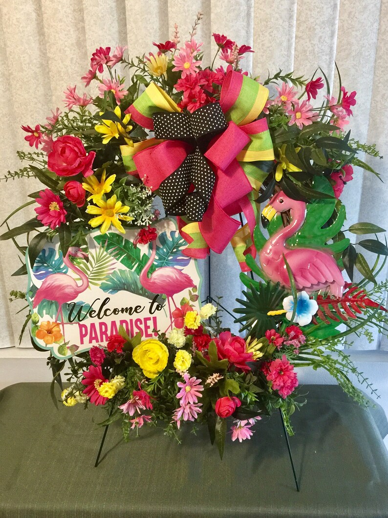 Summer Floral Welcome Wreath Grapevine Flamingo Decor, Front Door Wreath Flamingo Wreath Grapevine Wreath