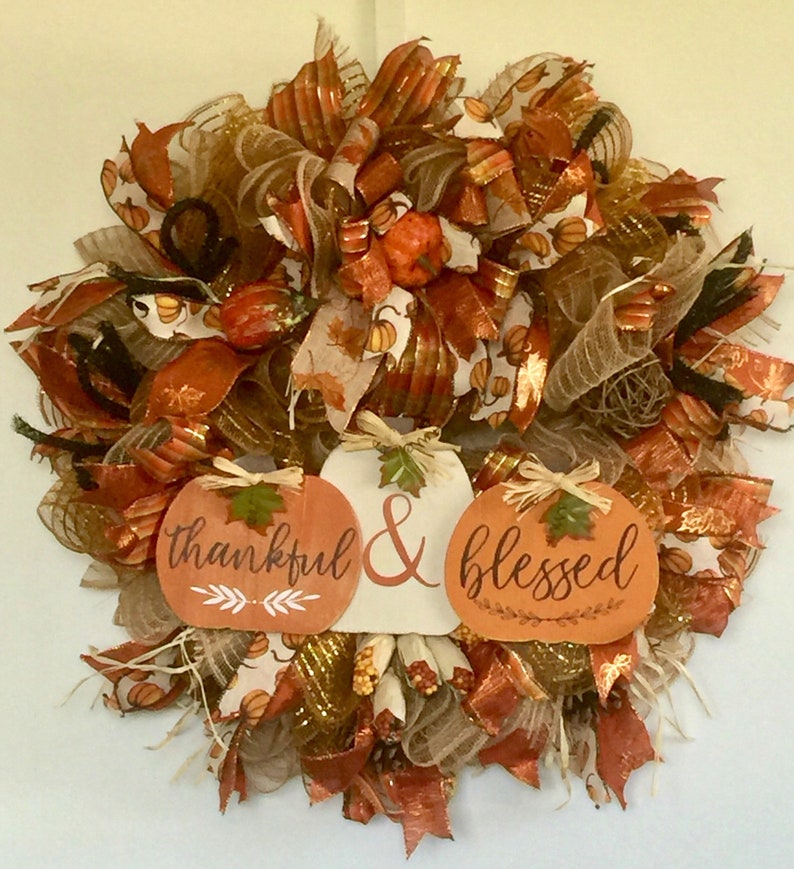 Thankful and Blessed Harvest Fall Deco Mesh Wreath Fall Front Door Wreaths Fall Decor Autumn Door Wreath