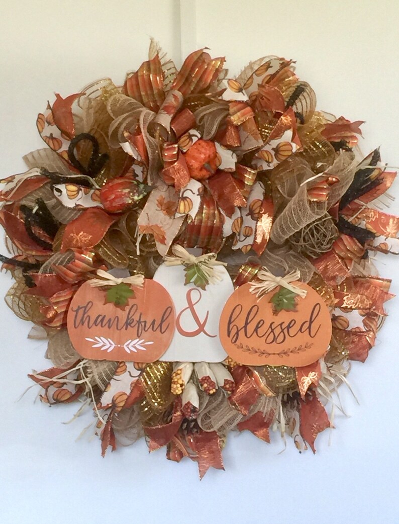 Thankful and Blessed Harvest Fall Deco Mesh Wreath Fall Front Door Wreaths Fall Decor Autumn Door Wreath