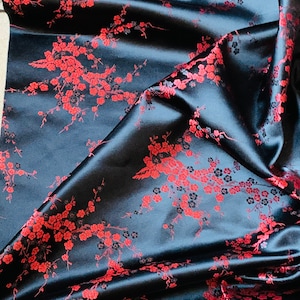 black blossom Embroidered Chinese oriental silky satin brocade  fabric 47” wide price 1 yard