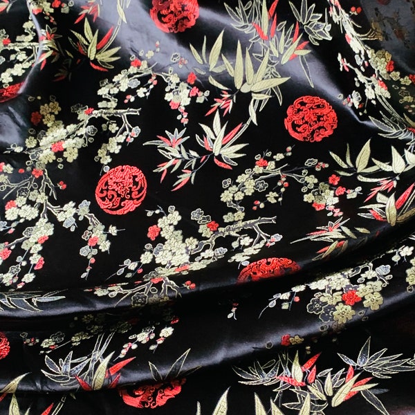 Black gold  Chinese oriental silky satin brocade  fabric 46” wide price 1 Yard