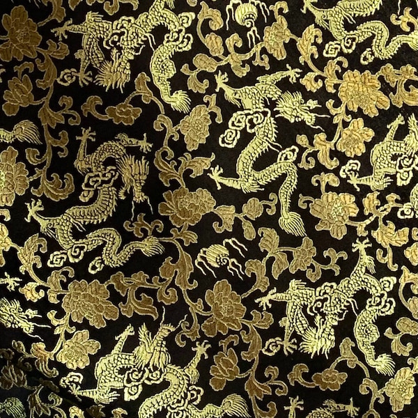 Tissu jacquard de brocart oriental chinois avec dragons en or noir 46 pouces de large prix 1 yard