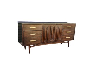 Vintage 1960s Broyhill Sculptra Dark Walnut Lowboy Triple Dresser Chest of Drawers Mid Century MCM