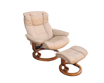 Ekornes Stressless Mayfair Beige Leather Lounge Chair & Ottoman Recliner Swivel Chair Scandinavian