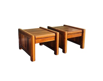 Vintage 1970s Attributed to Lane Walnut & Oak Side Tables with Drawer End Tables Nightstands Retro Rustic Mid Century
