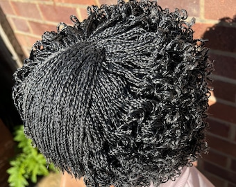 Salt and Pepper Braided Wig, Short Curls with Bangs