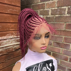 Burgund Cornrow Zopf Perücke: Volle Spitze Shuku Pferdeschwanz