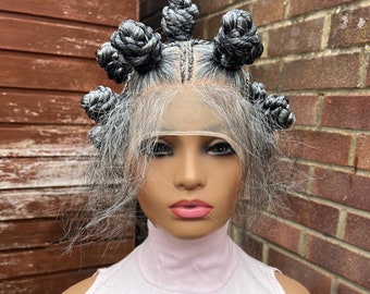 Synthetic Lace Salt and Pepper Wig Bantu Knot and  Cornrows braided wig