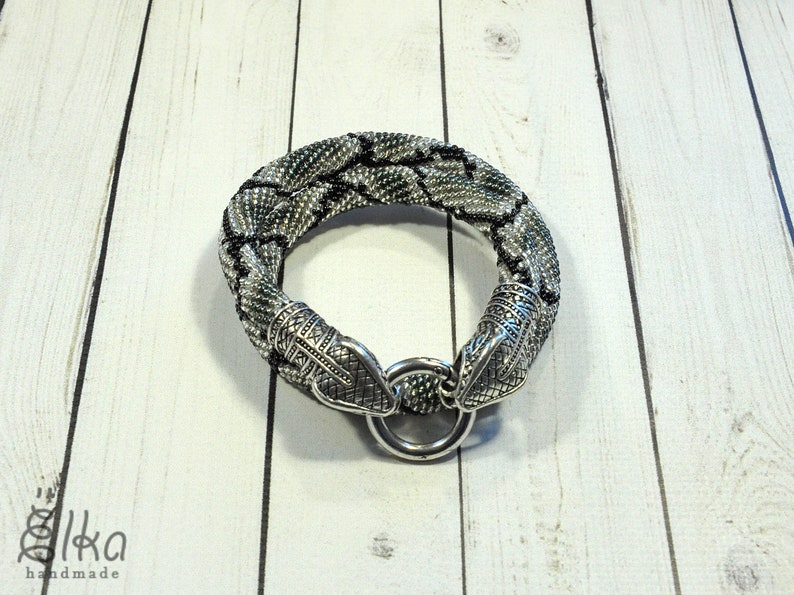 Animal necklace Bead crochet rope necklace Ouroboros jewelry Silver snake bead necklace Gray seed bead Statement necklace Snake choker